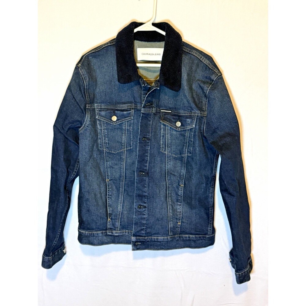Calvin Klein Jeans Men’s Blue Sherpa Collar Button Front Jean Jacket L Pockets